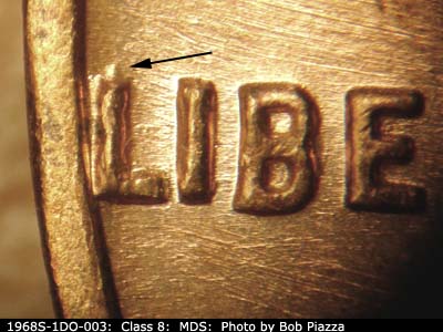 1968 Lincoln cent obverse, CopperCoins die 1968S•1DO•003.