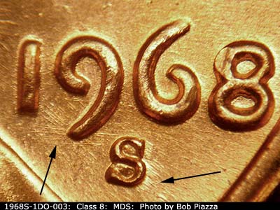 Die-stage B marker on 1968S•1DO•003 (1968 Doubled Die Obverse).