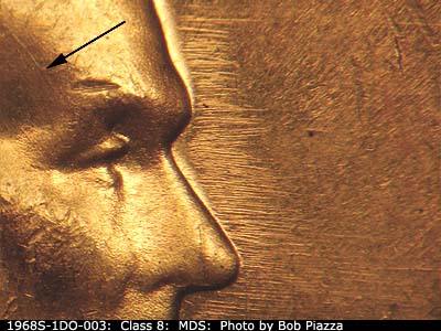 Die-stage B marker on 1968S•1DO•003 (1968 Doubled Die Obverse).