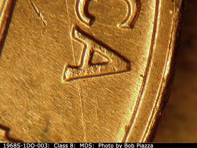 Die-stage B marker on 1968S•1DO•003 (1968 Doubled Die Obverse).
