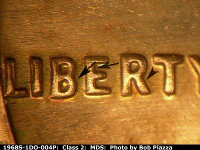 Die-stage B marker on 1968S•1DO•004P (1968 Doubled Die Obverse).