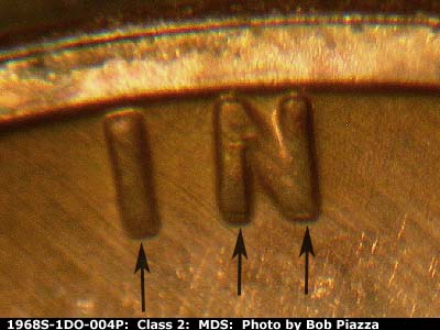 Die-stage B marker on 1968S•1DO•004P (1968 Doubled Die Obverse).