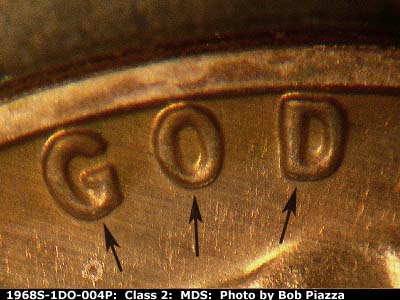 Die-stage B marker on 1968S•1DO•004P (1968 Doubled Die Obverse).