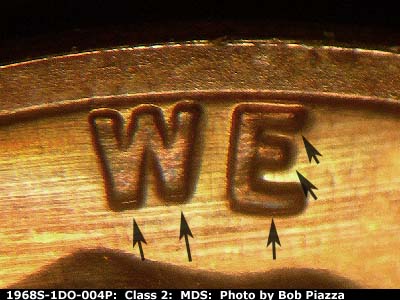 Die-stage B marker on 1968S•1DO•004P (1968 Doubled Die Obverse).