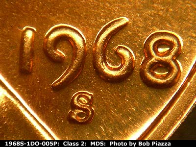 1968 Lincoln cent obverse proof, CopperCoins die 1968S•1DO•005P.
