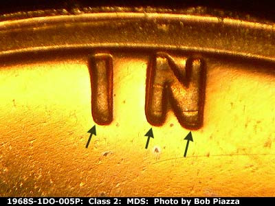 Die-stage B marker on 1968S•1DO•005P (1968 Doubled Die Obverse).