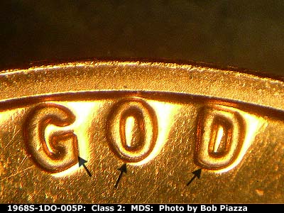 Die-stage B marker on 1968S•1DO•005P (1968 Doubled Die Obverse).