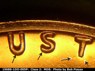 Die-stage B marker on 1968S•1DO•005P (1968 Doubled Die Obverse).