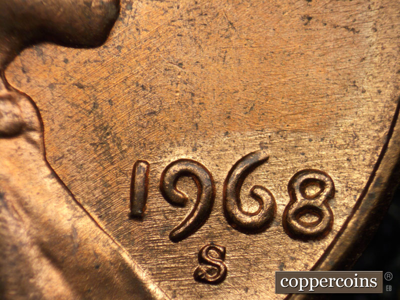 Die-stage B marker on 1968S•1DO•006 (1968 Doubled Die Obverse).