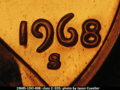 Die-stage A marker on 1968S•1DO•008P (1968 Doubled Die Obverse).