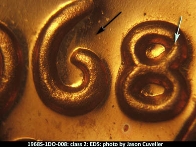 Die-stage A marker on 1968S•1DO•008P (1968 Doubled Die Obverse).
