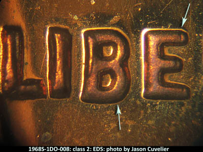 Die-stage A marker on 1968S•1DO•008P (1968 Doubled Die Obverse).