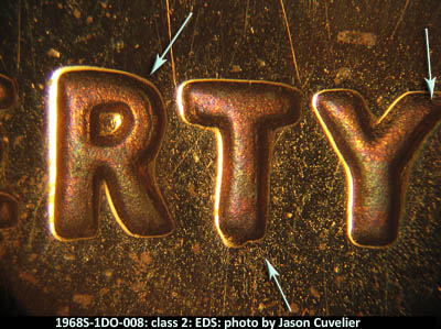 Die-stage A marker on 1968S•1DO•008P (1968 Doubled Die Obverse).