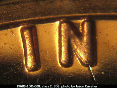 Die-stage A marker on 1968S•1DO•008P (1968 Doubled Die Obverse).
