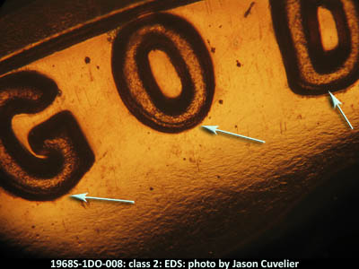 Die-stage A marker on 1968S•1DO•008P (1968 Doubled Die Obverse).