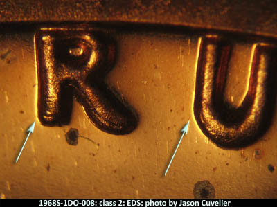 Die-stage A marker on 1968S•1DO•008P (1968 Doubled Die Obverse).