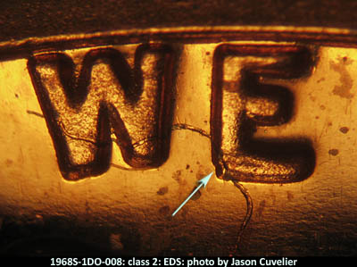 Die-stage A marker on 1968S•1DO•008P (1968 Doubled Die Obverse).
