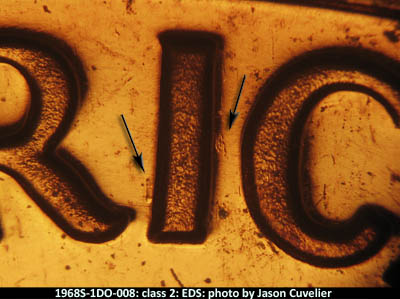 Die-stage A marker on 1968S•1DO•008P (1968 Doubled Die Obverse).