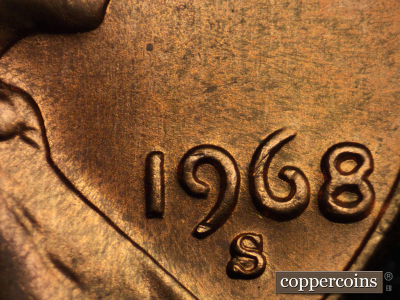 Die-stage B marker on 1968S•1DO•009 (1968 Doubled Die Obverse).