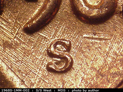 1968 Lincoln cent obverse, CopperCoins die 1968S•1MM•002.