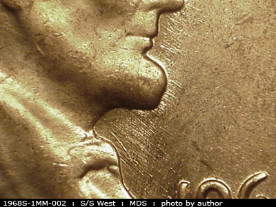 Die-stage B marker on 1968S•1MM•002 (1968 Repunched Mint Mark).