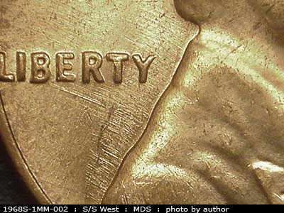 Die-stage B marker on 1968S•1MM•002 (1968 Repunched Mint Mark).