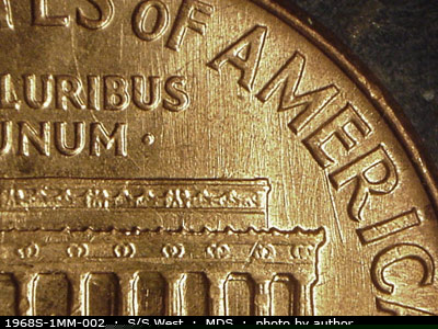 Die-stage B marker on 1968S•1MM•002 (1968 Repunched Mint Mark).
