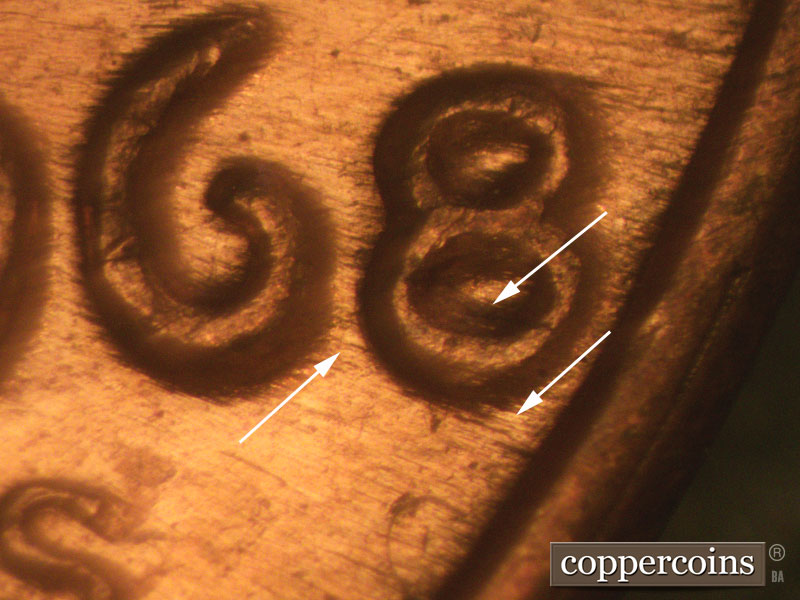 Die-stage C marker on 1968S•1MM•003 (1968 Repunched Mint Mark).