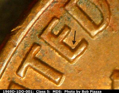 Die-stage B marker on 1969D•1DO•001 (1969 Doubled Die Obverse).