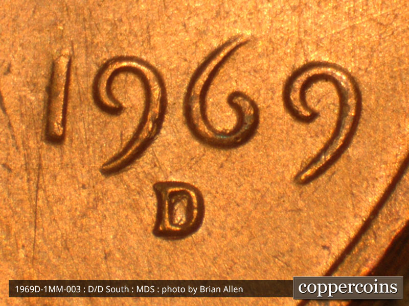 Die-stage B marker on 1969D•1MM•003 (1969 Repunched Mint Mark).