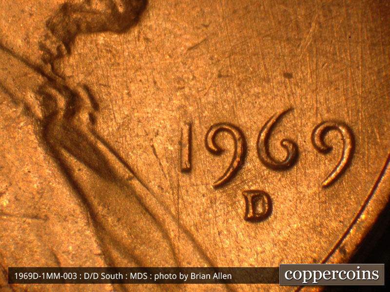 Die-stage B marker on 1969D•1MM•003 (1969 Repunched Mint Mark).