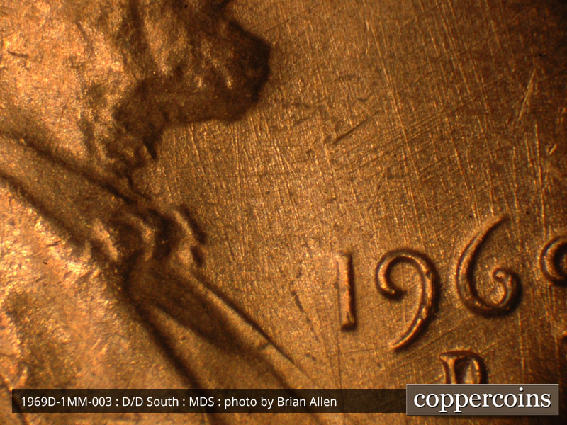 Die-stage B marker on 1969D•1MM•003 (1969 Repunched Mint Mark).