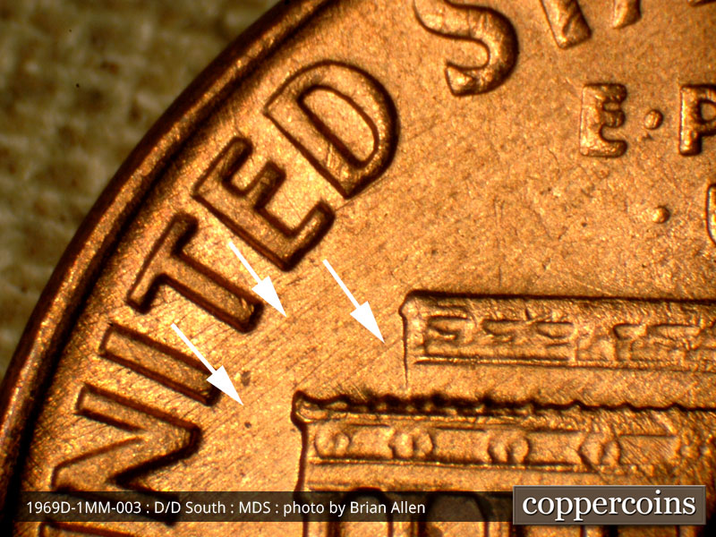 Die-stage B marker on 1969D•1MM•003 (1969 Repunched Mint Mark).