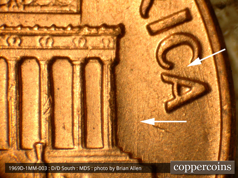 Die-stage B marker on 1969D•1MM•003 (1969 Repunched Mint Mark).