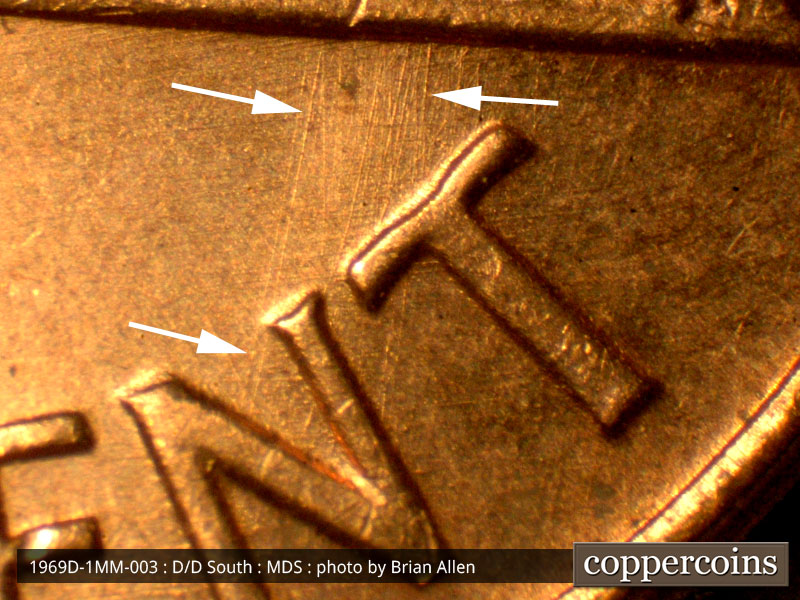 Die-stage B marker on 1969D•1MM•003 (1969 Repunched Mint Mark).
