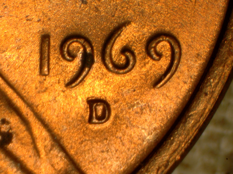 Die-stage B marker on 1969D•1MM•004 (1969 Repunched Mint Mark).