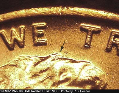 Die-stage B marker on 1969D•1MM•008 (1969 Repunched Mint Mark).