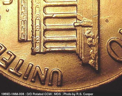 Die-stage B marker on 1969D•1MM•008 (1969 Repunched Mint Mark).