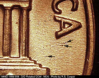 Die-stage B marker on 1969D•1MM•008 (1969 Repunched Mint Mark).
