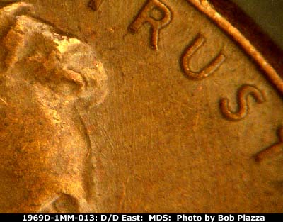 Die-stage B marker on 1969D•1MM•013 (1969 Repunched Mint Mark).