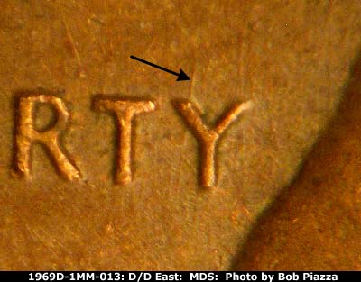 Die-stage B marker on 1969D•1MM•013 (1969 Repunched Mint Mark).