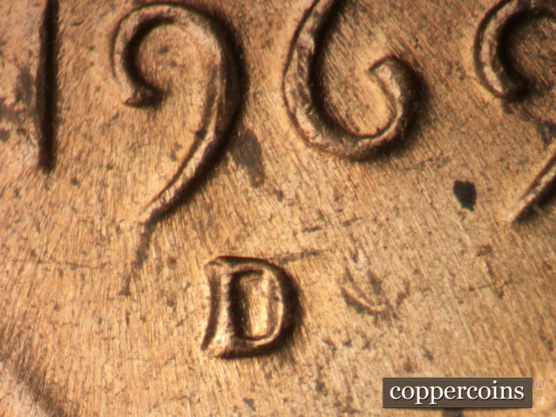 Die-stage C marker on 1969D•1MM•016 (1969 Repunched Mint Mark).