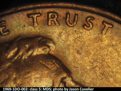 Die-stage B marker on 1969P•1DO•002 (1969 Doubled Die Obverse).