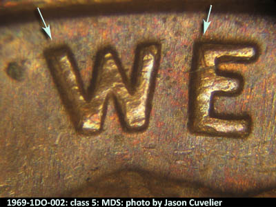 Die-stage B marker on 1969P•1DO•002 (1969 Doubled Die Obverse).