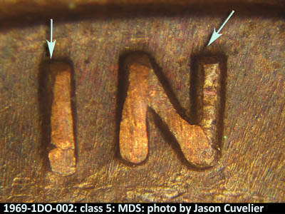 Die-stage B marker on 1969P•1DO•002 (1969 Doubled Die Obverse).