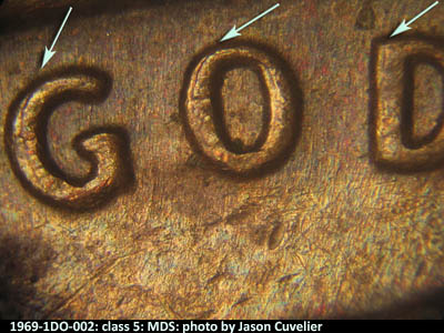Die-stage B marker on 1969P•1DO•002 (1969 Doubled Die Obverse).