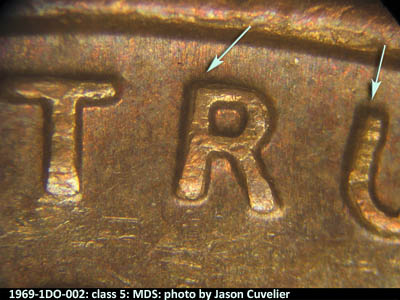 Die-stage B marker on 1969P•1DO•002 (1969 Doubled Die Obverse).