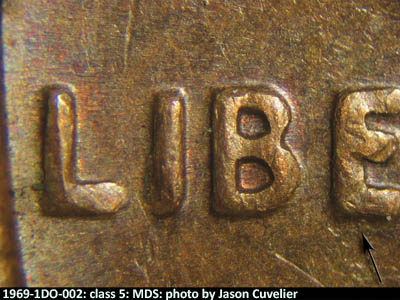 Die-stage B marker on 1969P•1DO•002 (1969 Doubled Die Obverse).