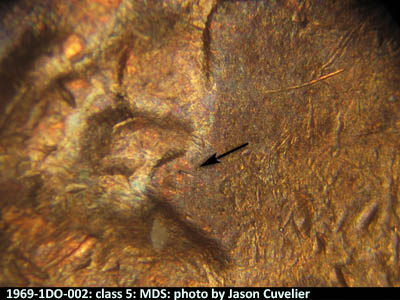 Die-stage B marker on 1969P•1DO•002 (1969 Doubled Die Obverse).