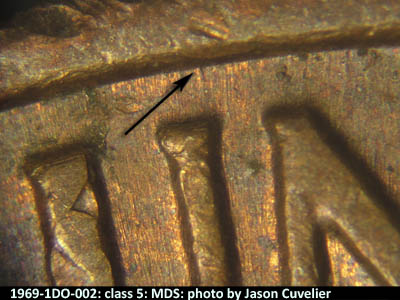 Die-stage B marker on 1969P•1DO•002 (1969 Doubled Die Obverse).